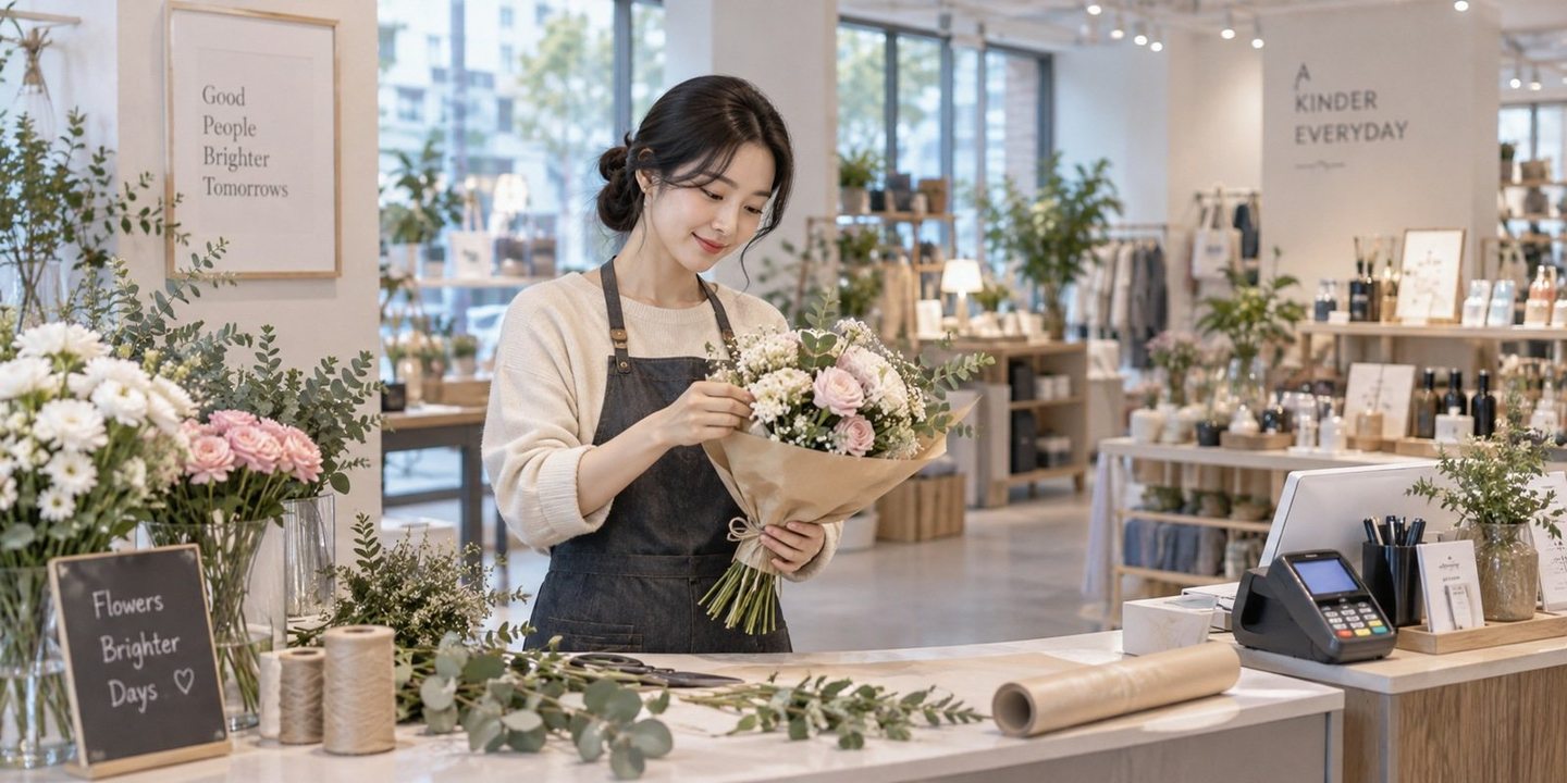 꽃이 놓인 매장 계산대에서 결제를 준비하는 운영자 — PG 음식점 카드단말기 설치비 견적에 멈추셨다면, 그 줄부터 지우고 단말기를 바꿔요.
