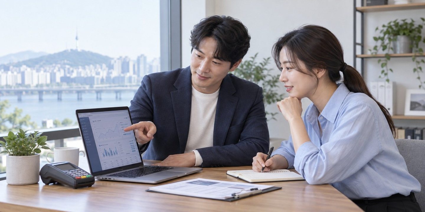 노트북 화면을 함께 확인하는 두 사람 — PG 음식점 카드단말기 상담상담, 기계 이름이면 충분해요. 연락 주시면 교체 날까지 남은 일을 같이 나눠 드립니다.