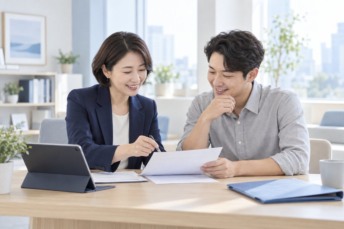 상담 자리에서 서류를 함께 검토하는 두 사람 — PG 음식점 카드단말기 포스포스 연동, 기종 이름이 첫걸음이에요. 연락 주시면 함께 쓸 길을 교체 전에 살펴 드립니다.