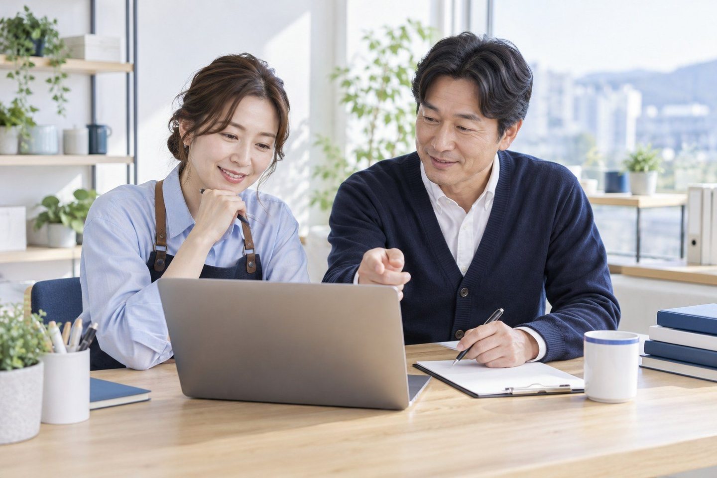 서류를 펼치고 조건을 함께 확인하는 두 사람 — PG 음식점 카드단말기 새 기계를 먼저 켜고, 옛 기계는 나중에 내려요.
